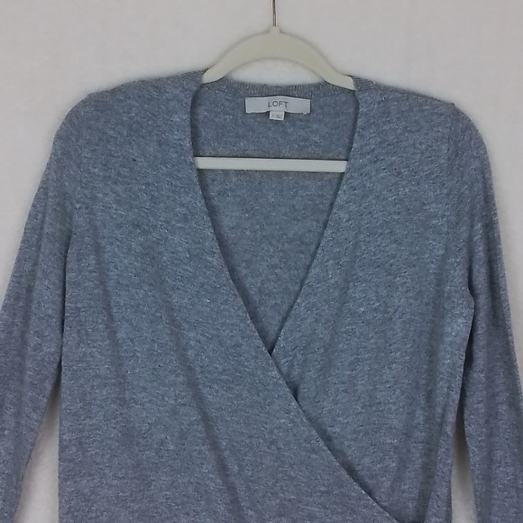 LOFT Faux Wrap Sweater Size S‎ Heather Gray Wool Blend Classic Fit Long Sleeve - Picture 3 of 11